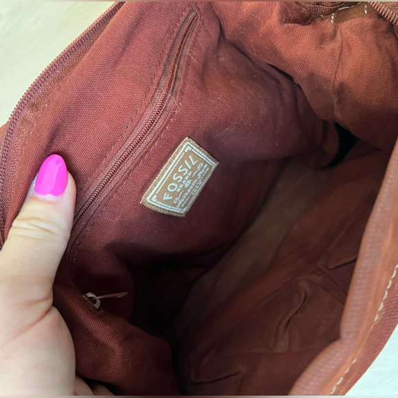 Fossil Brand Brown Canvas Hobo Bag with Leather Strap with Rhinestone Buckle - Picture 9 of 9
